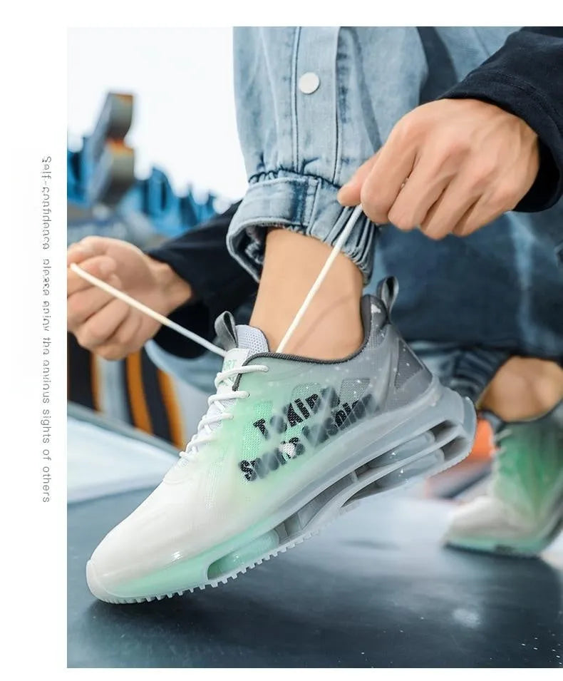 Men's black and green mesh platform casual sneakers with a raised heel and lace-up front