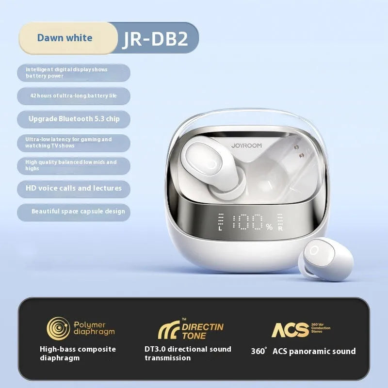Wireless in-ear Bluetooth headphones with charging case in Dawn White, Starry Sky Black, and Purple colour options.