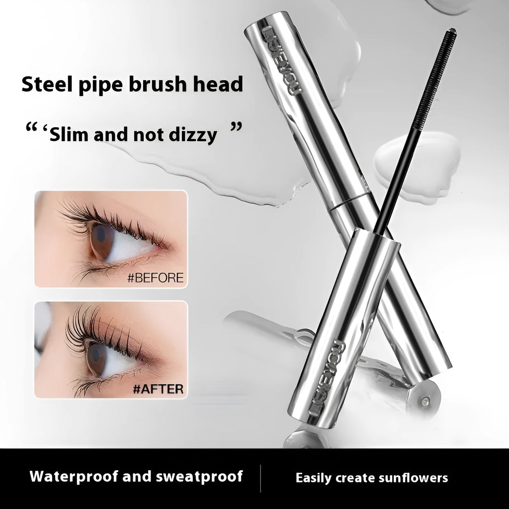 Waterproof steel tube mascara with black or brown shades and optional eyelash curler