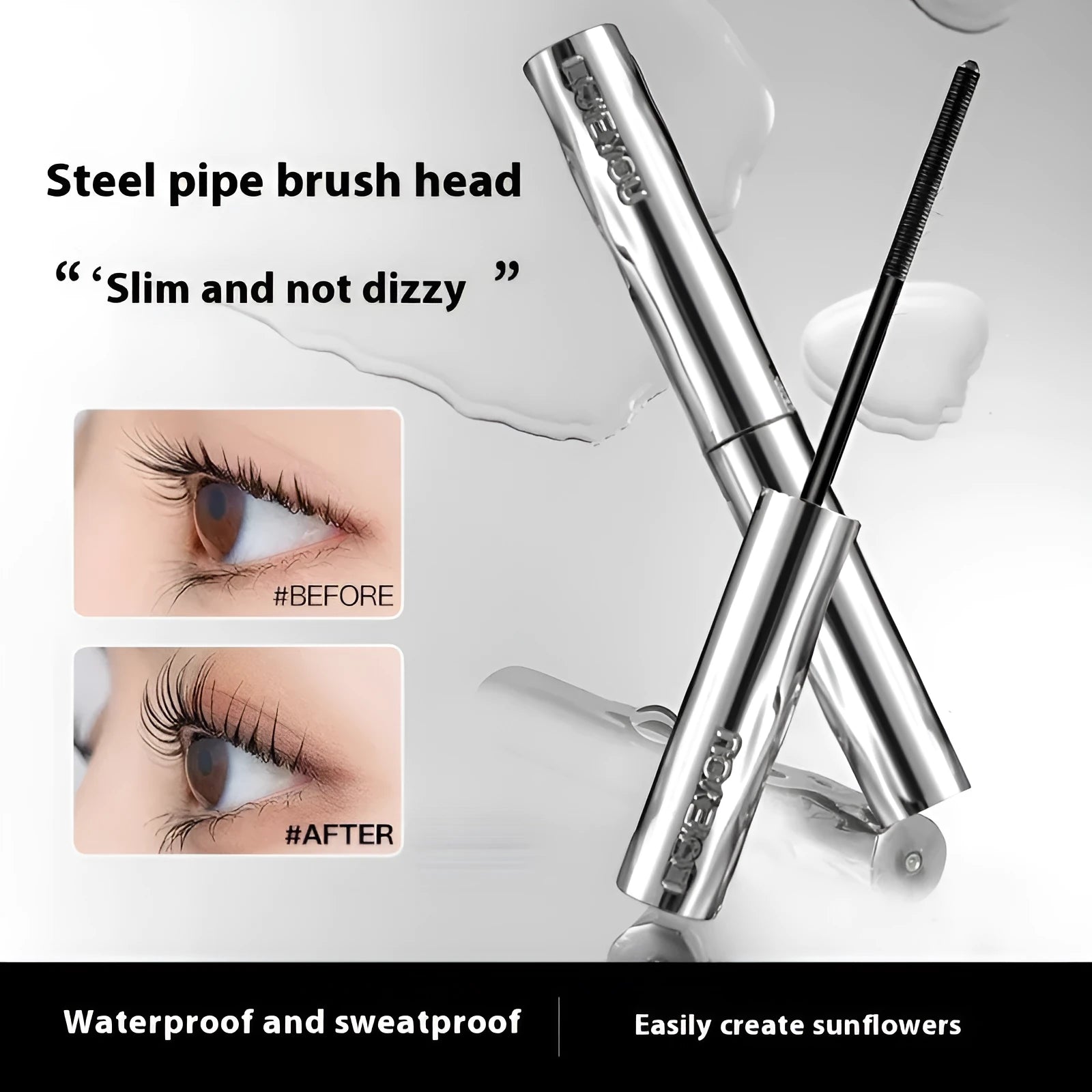 Waterproof steel tube mascara with black or brown shades and optional eyelash curler
