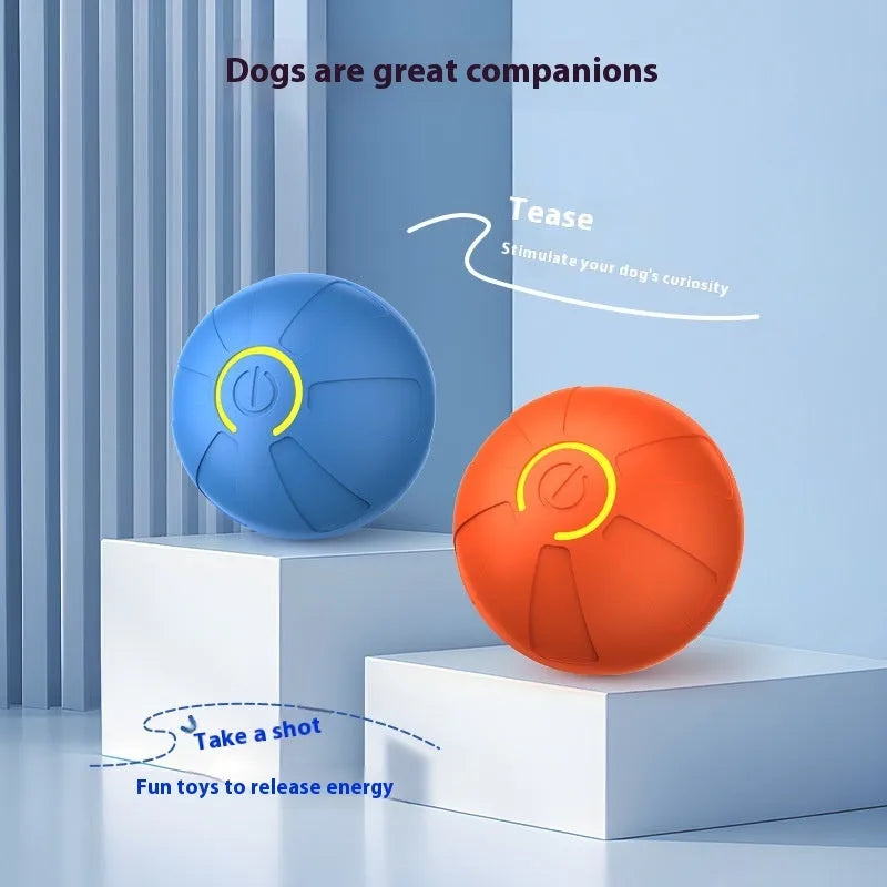Blue electric jumping ball for dogs with silicone shell on a wooden floor