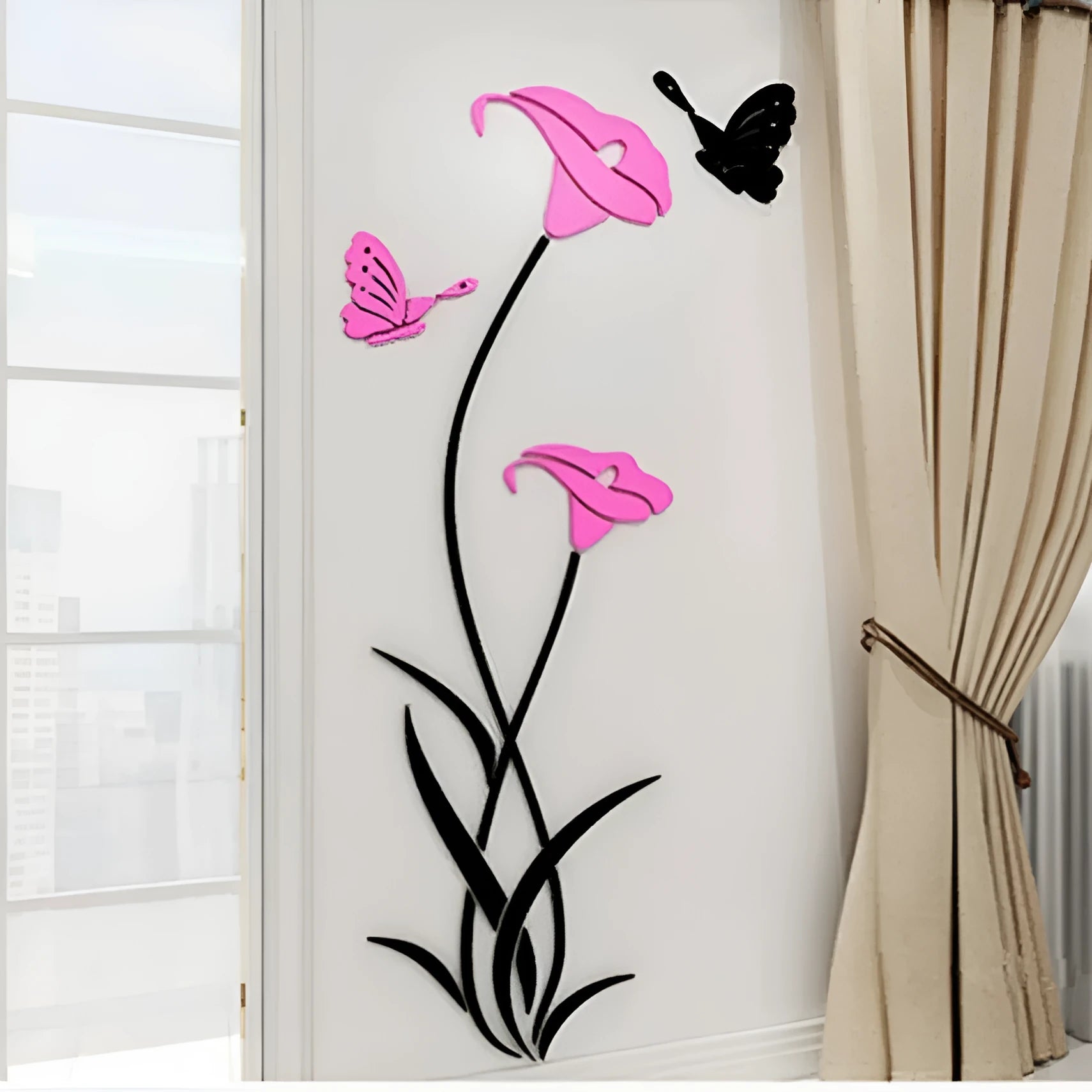 Lily 3D acrylic wall sticker in pink colour showing dimensional petals and leaves