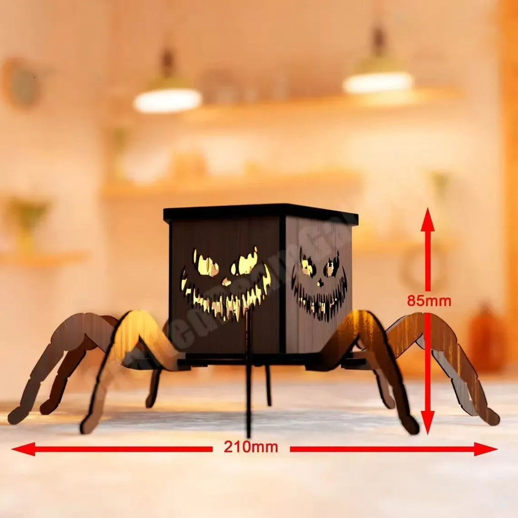 Wooden spider Halloween lantern candlestick decoration measuring 21cm by 8.5cm
