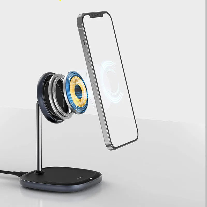 Swan Magnetic Desktop Stand Wireless Charger for Apple iPhone 12 in black colour on a desk