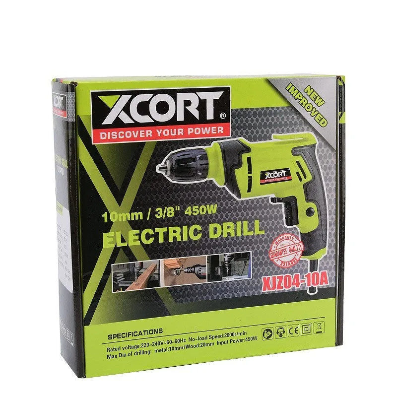 Pistol grip electric power drill with a 10mm keyed chuck on a workbench.