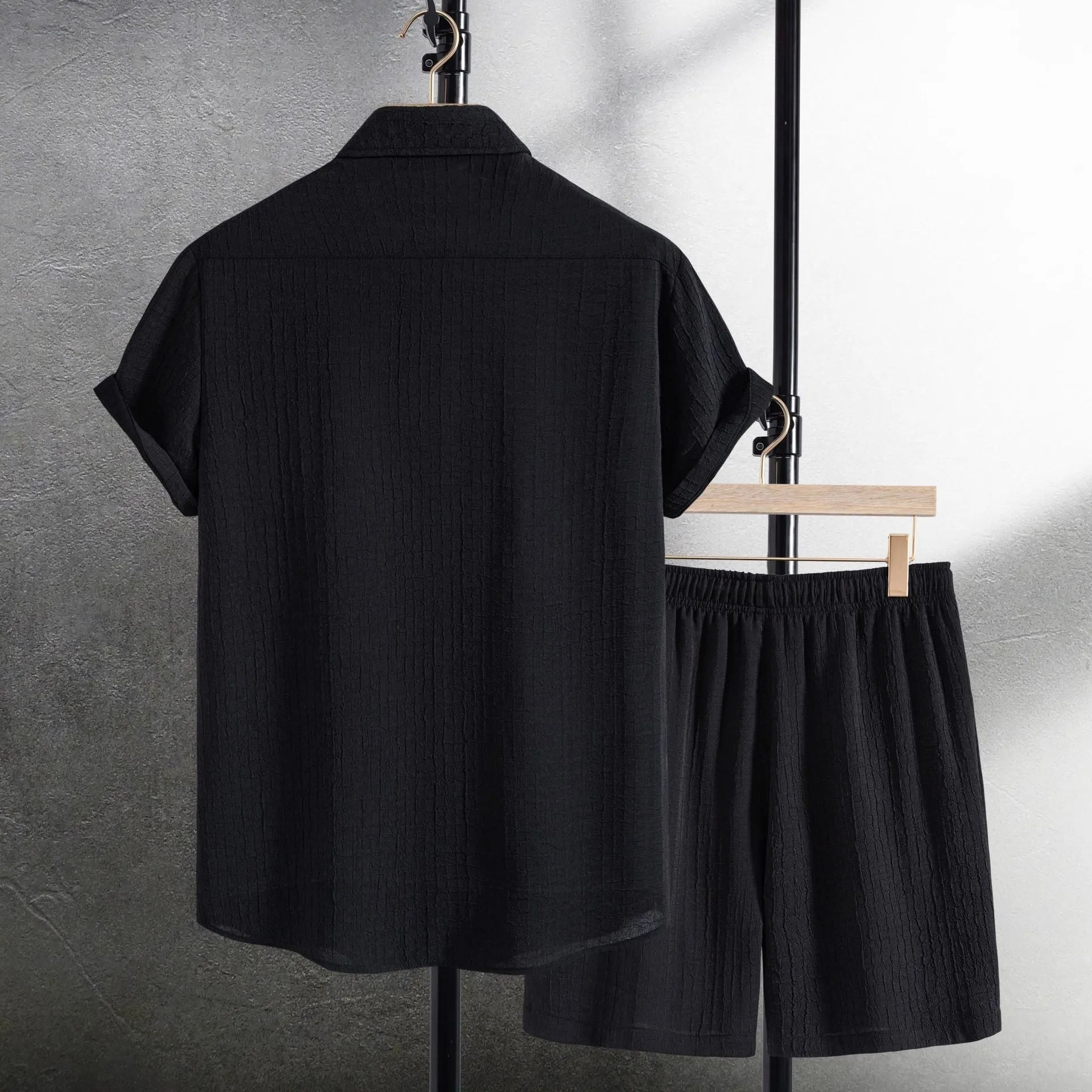 Men's casual cotton blend jacquard short sleeve shirt and matching shorts set in black or white