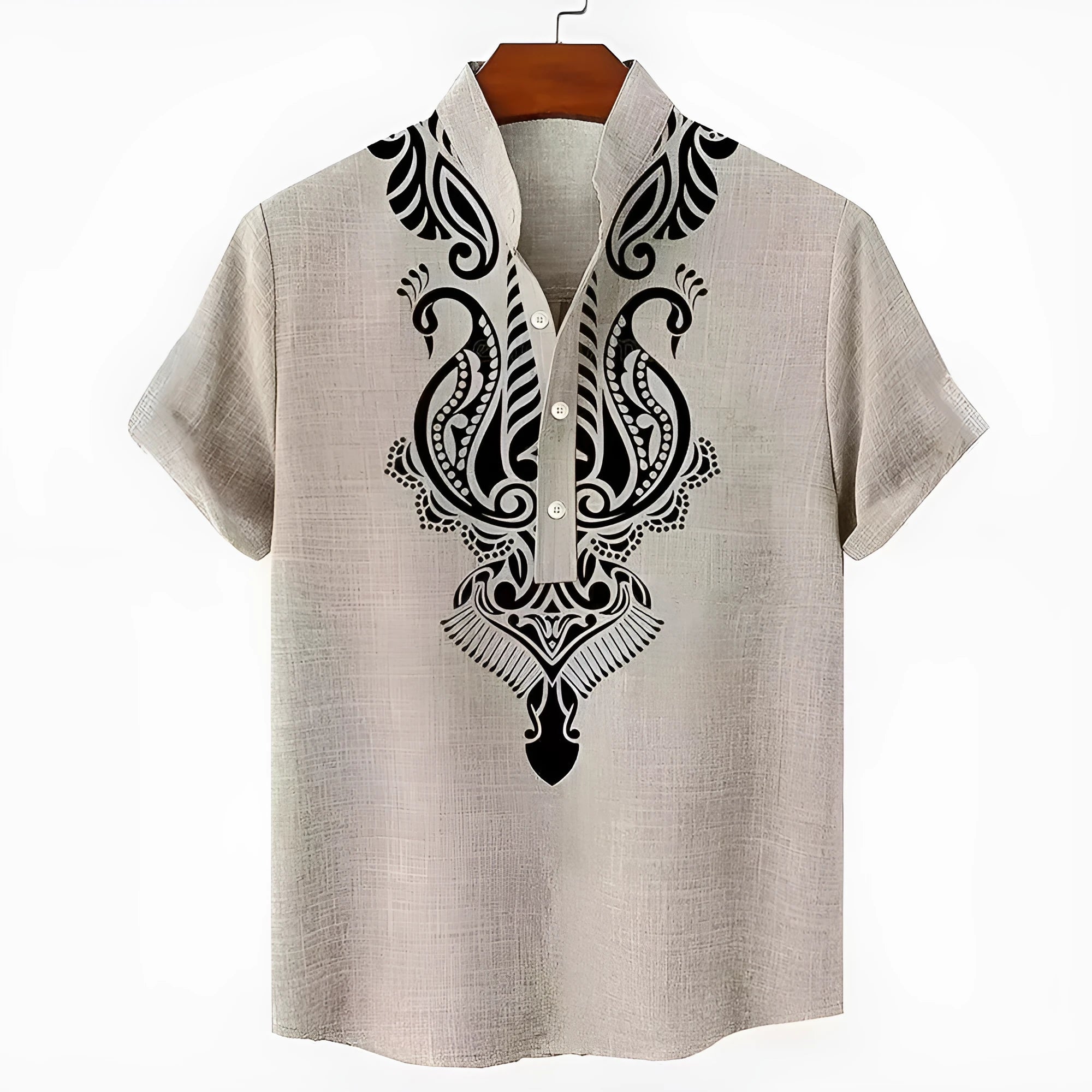 Men's striped casual linen-style shirt with personalised buttons on a hanger