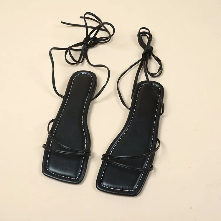 Women's ankle ring bandage cloth flat sandals with square toe in white, black, or orange red.