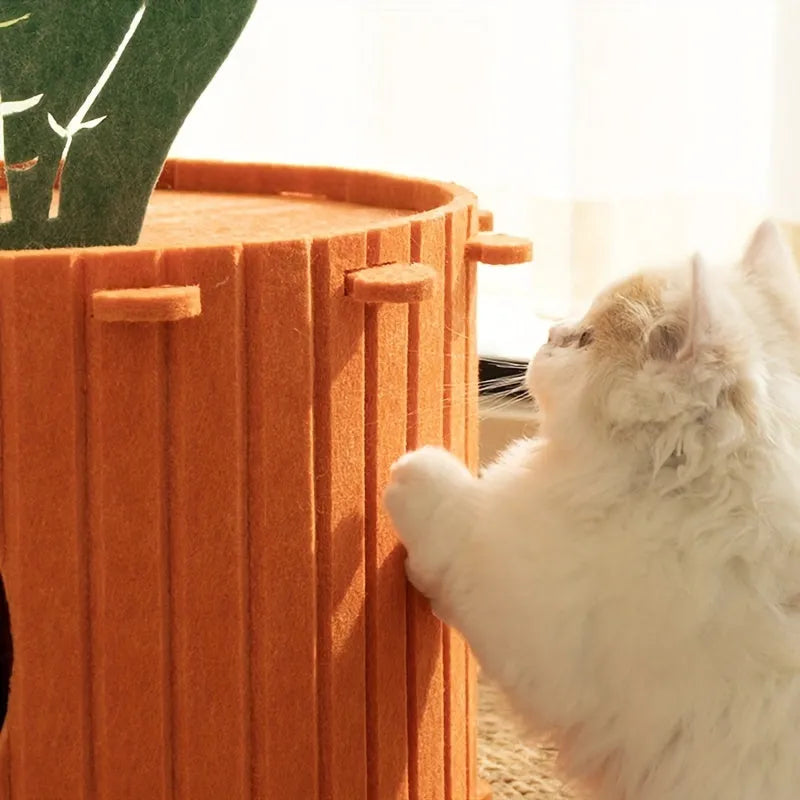 Orange carrot-shaped felt cat nest tunnel bed for cats, shown in semi-enclosed design.