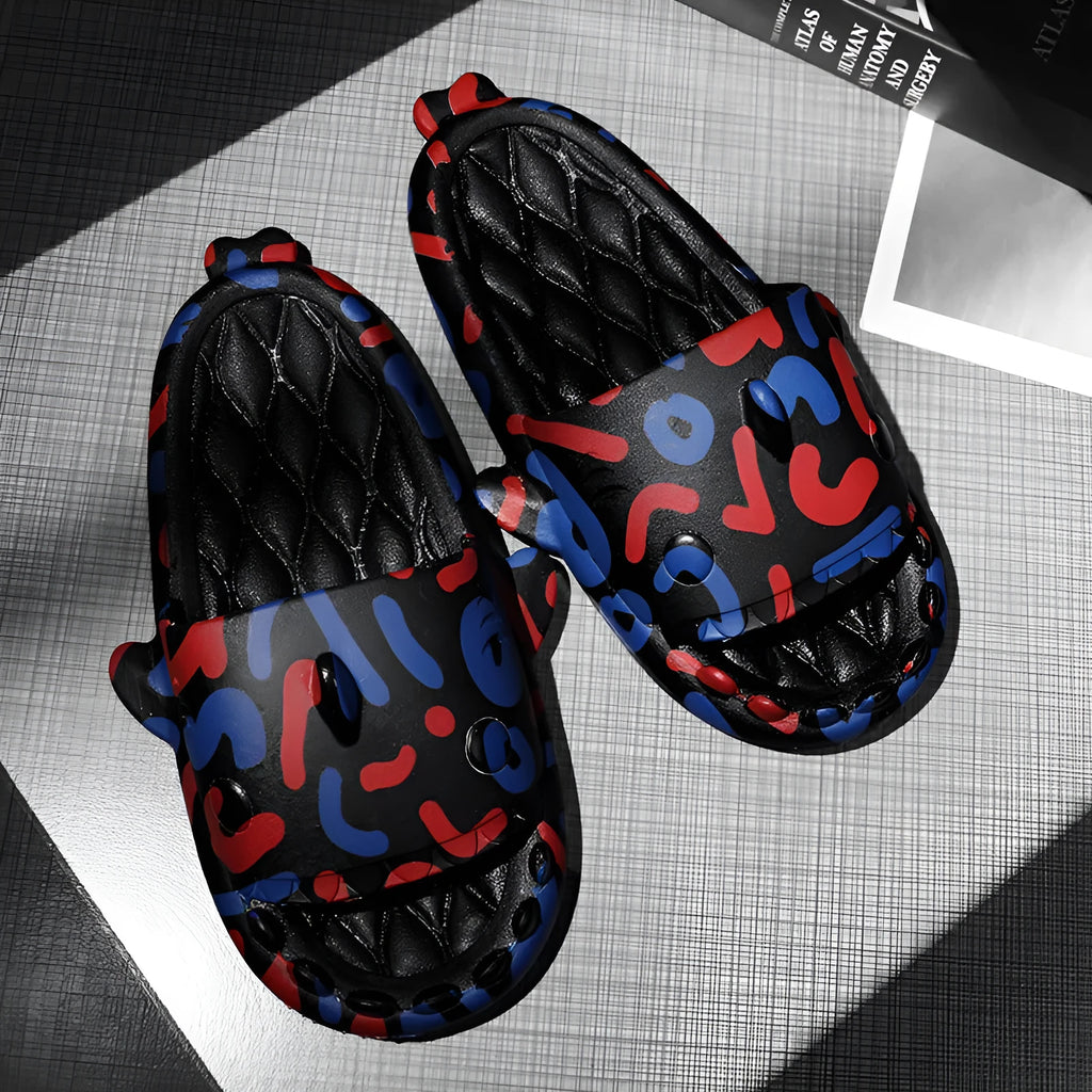 Open-toe EVA foam home slippers with shark design in beige, black, grey, and white colours.