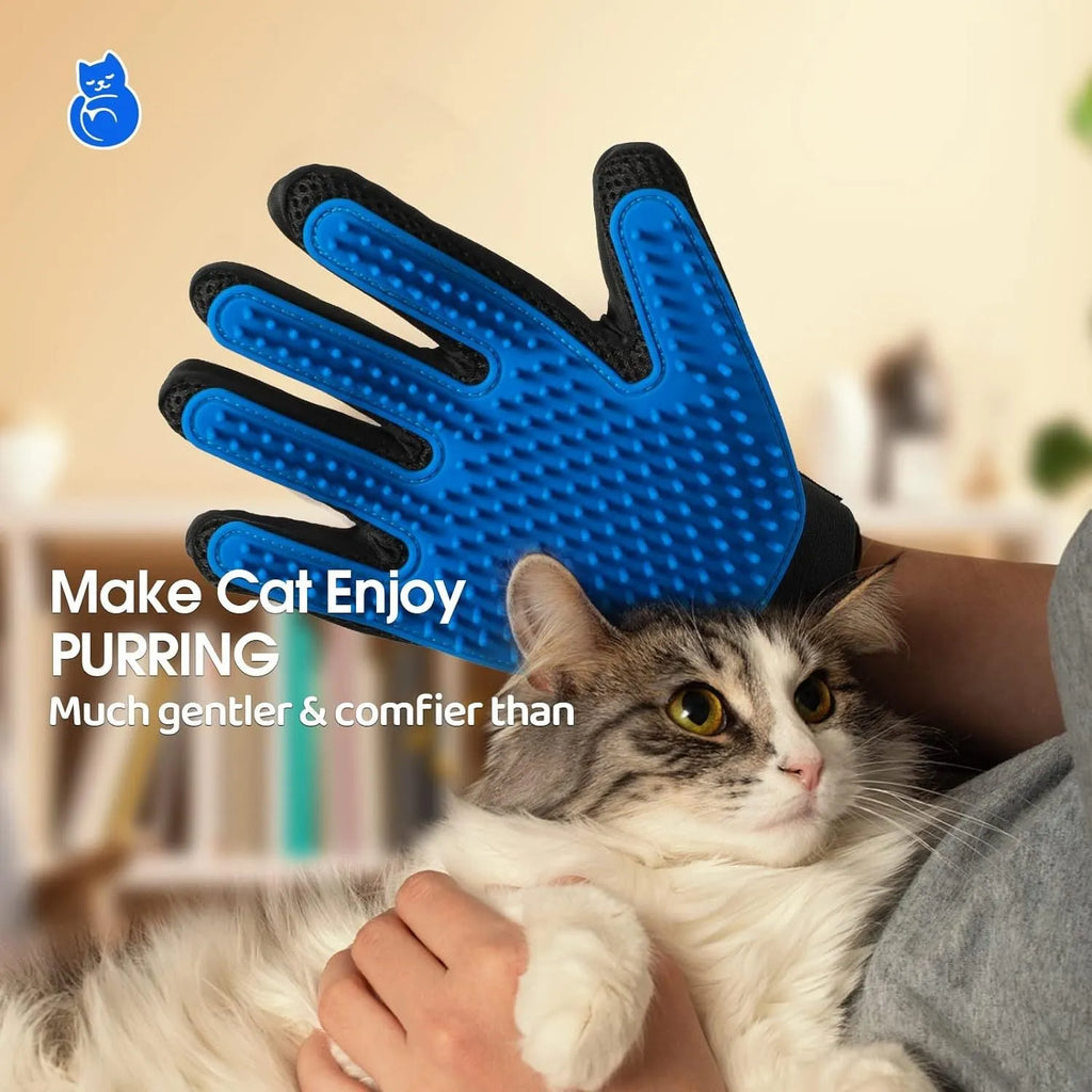 Blue pet grooming gloves with silicone tips for removing hair from dogs cats horses