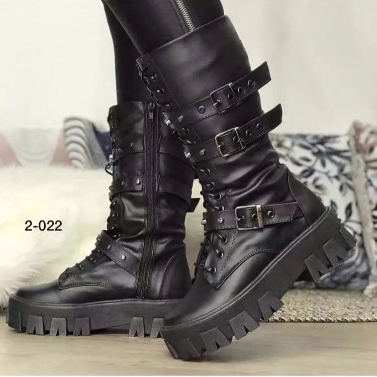 Women's black mid-calf knight boots with side zipper and metal buckle on artificial PU upper