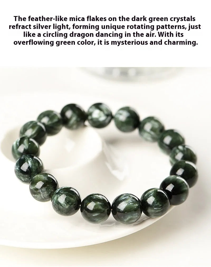 Green Dragon Crystal bracelet with 8-9mm round beads featuring geometric Ruyi design elements