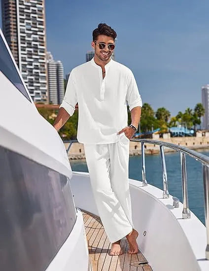 Men's casual cotton suit in a solid colour, featuring a long-sleeve top and trousers.