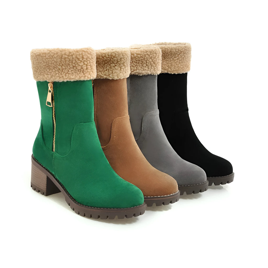 Waterproof snow boots with short plush lining in black, grey, green, or orange.