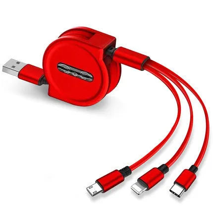 Telescopic charging cable extended to 120cm with 3-in-1 connectors in choice of colours