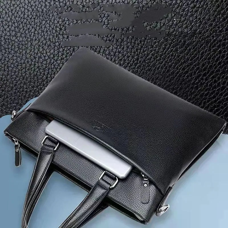 Men's black PU leather messenger bag with splicing design, 35cm wide business shoulder bag