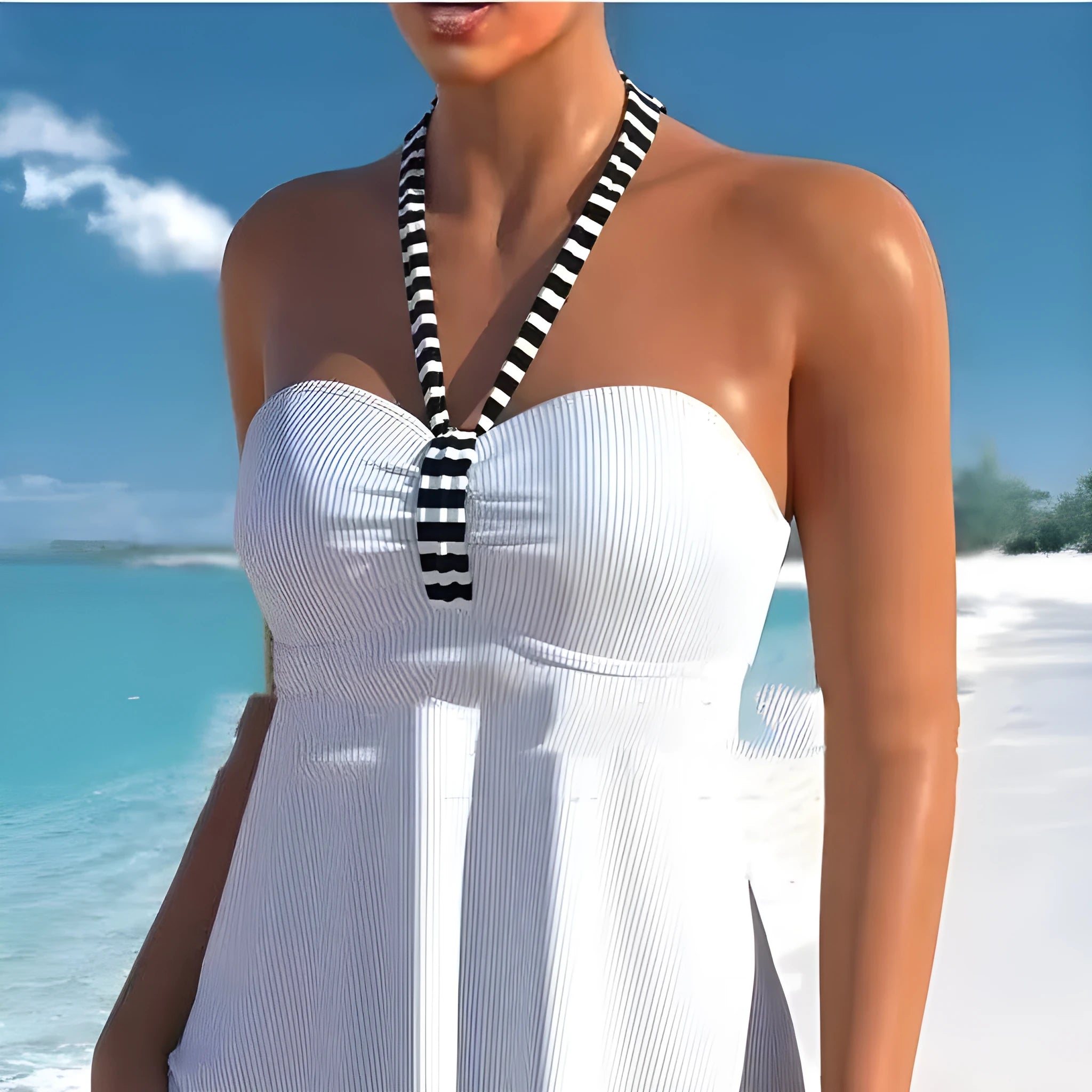 Women's black and white striped off-shoulder swimsuit with briefs style cut and polyester lining