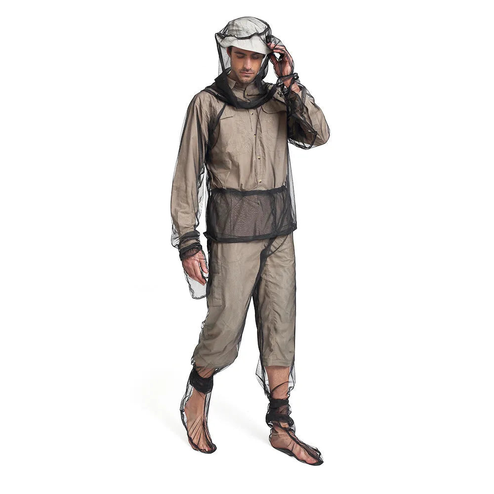 Four-piece anti-mosquito canopy suit set including hooded jacket, trousers and booties for outdoor activities