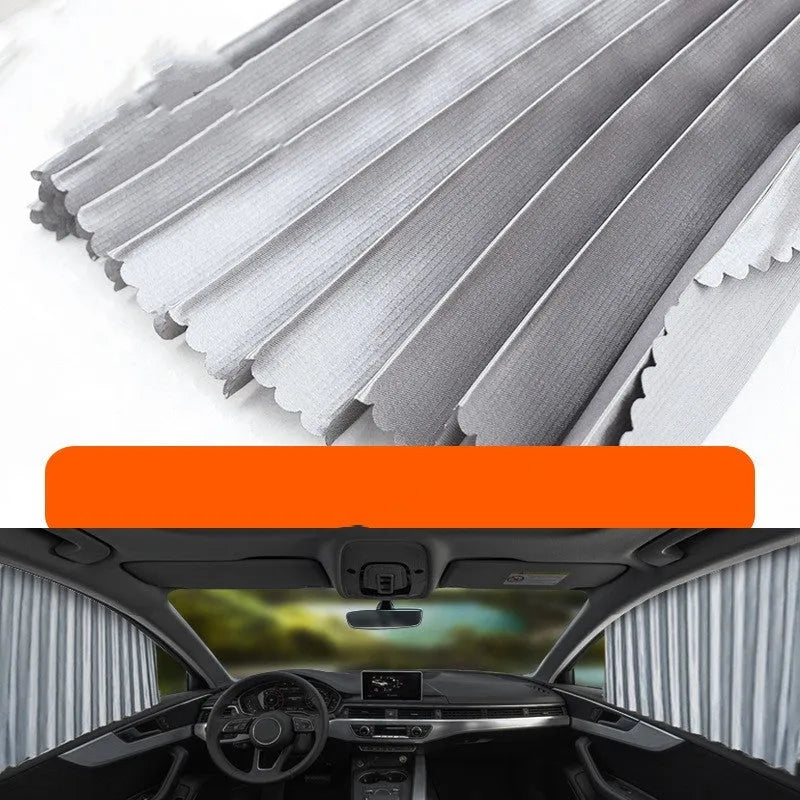 Auto retractable car sun curtain in black colour showing roller shutter mechanism
