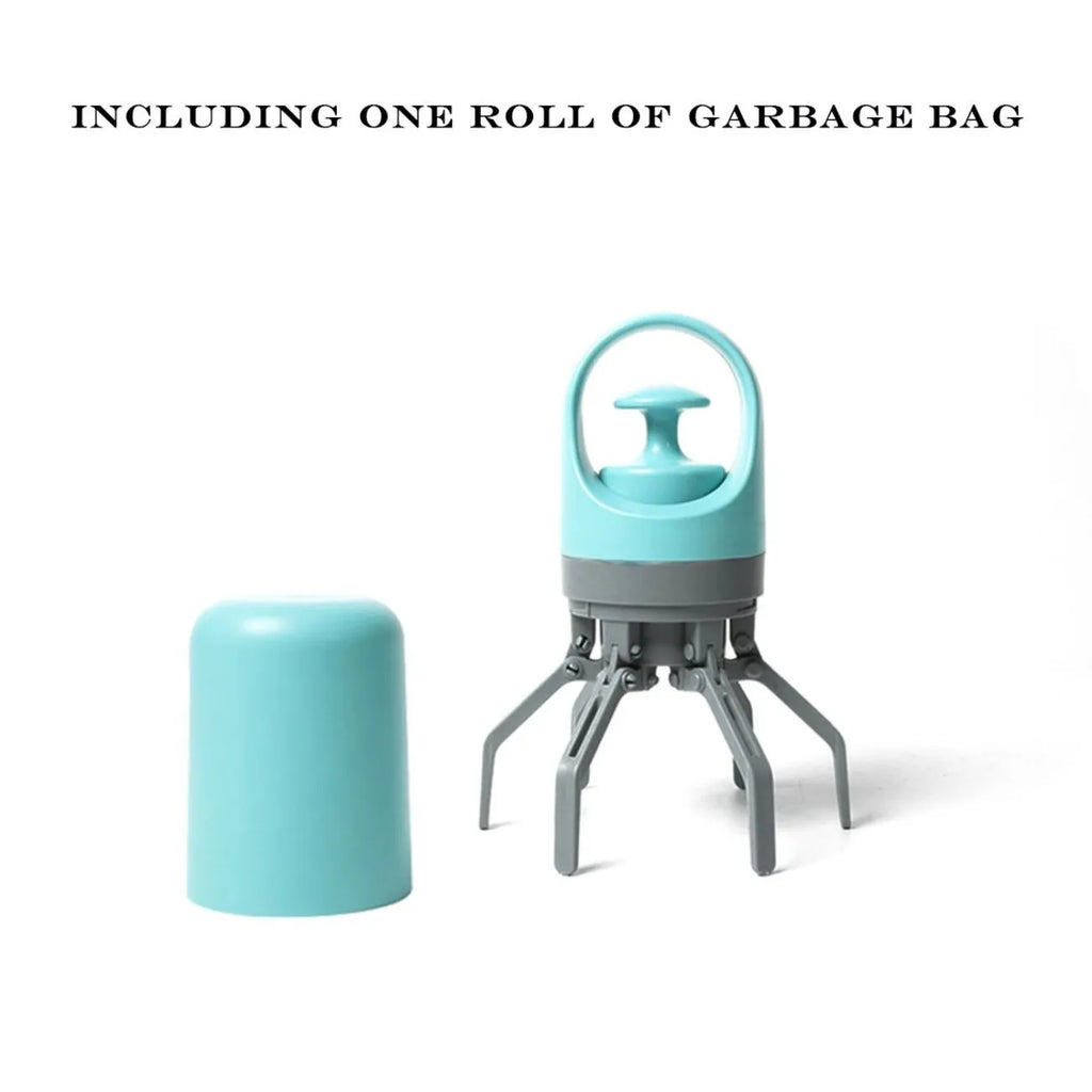 Blue portable claw dog pooper scooper with integrated garbage bag dispenser for outdoor pet waste cleanup
