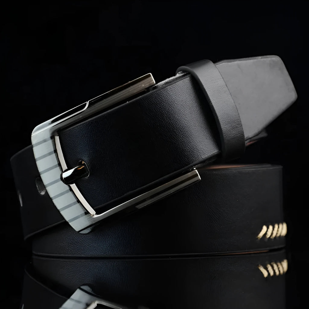 Men's black threading pattern casual belt with an alloy pin buckle, shown at 110cm length.