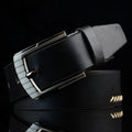 Men's black threading pattern casual belt with an alloy pin buckle, shown at 110cm length.