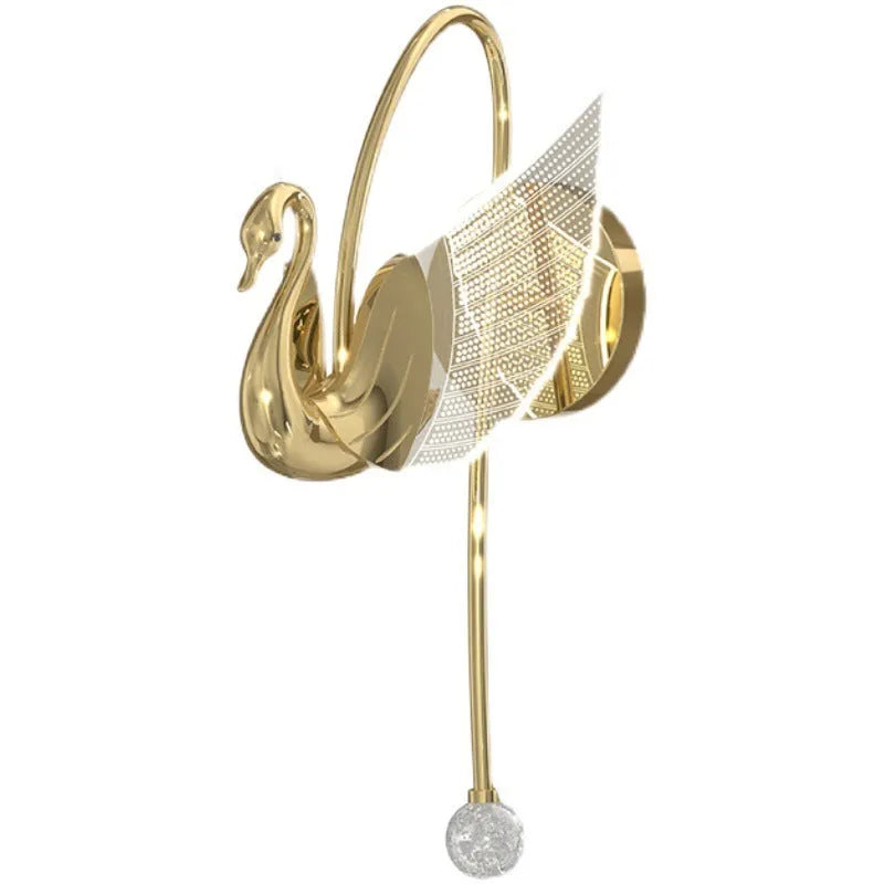 Gold minimalist swan wall lamp with acrylic shade mounted beside bed