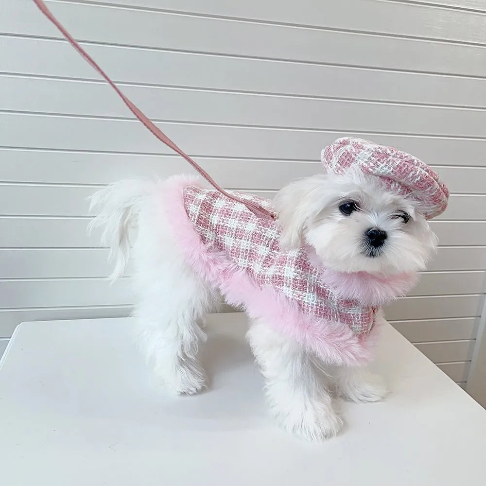 Pink polyester cat cape and beret set with hand-holding rope leash attachment