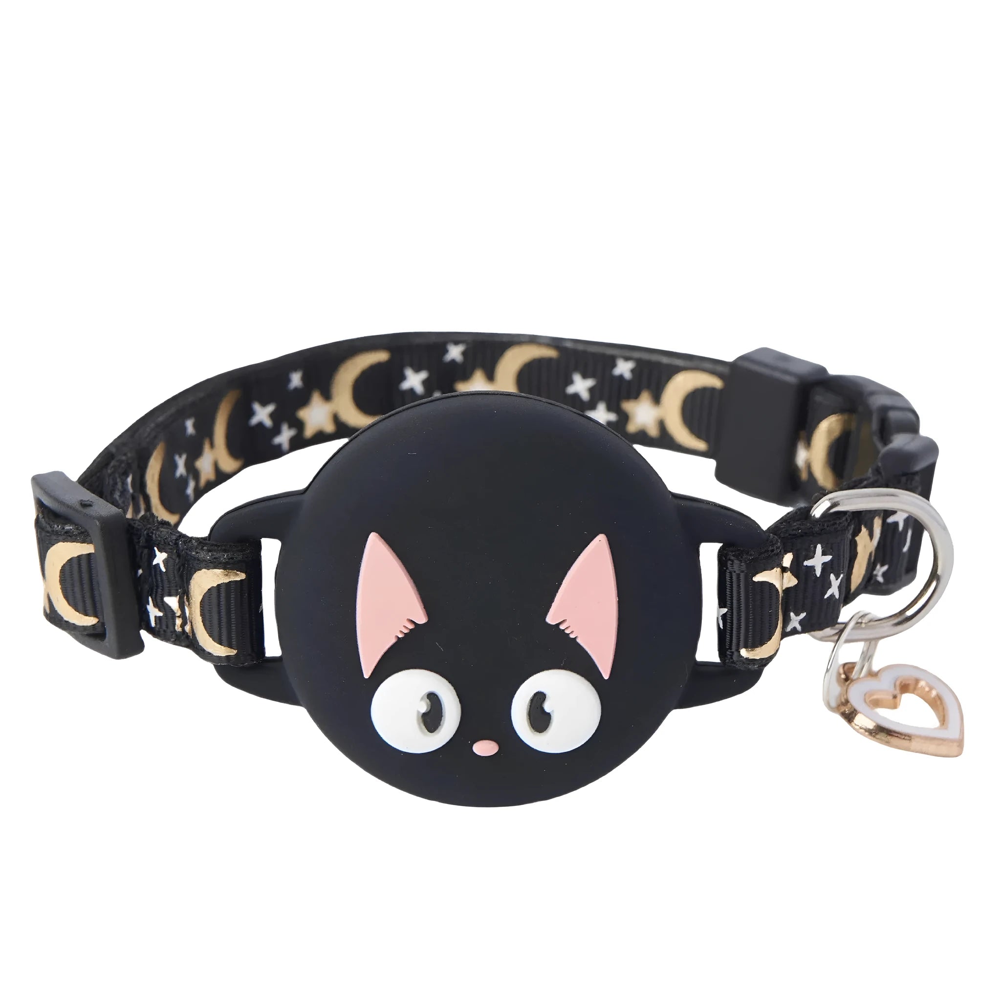 Apple AirTag protective case attached to adjustable cat collar strap in pink colour