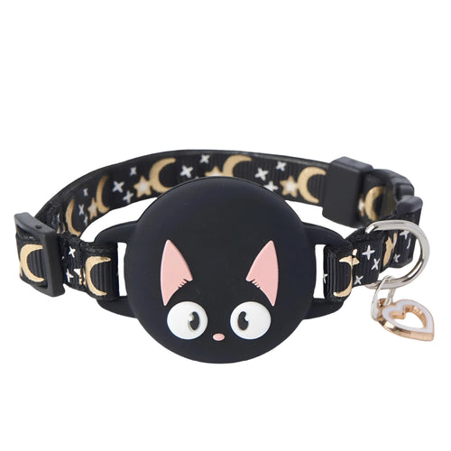 Apple AirTag protective case attached to adjustable cat collar strap in pink colour