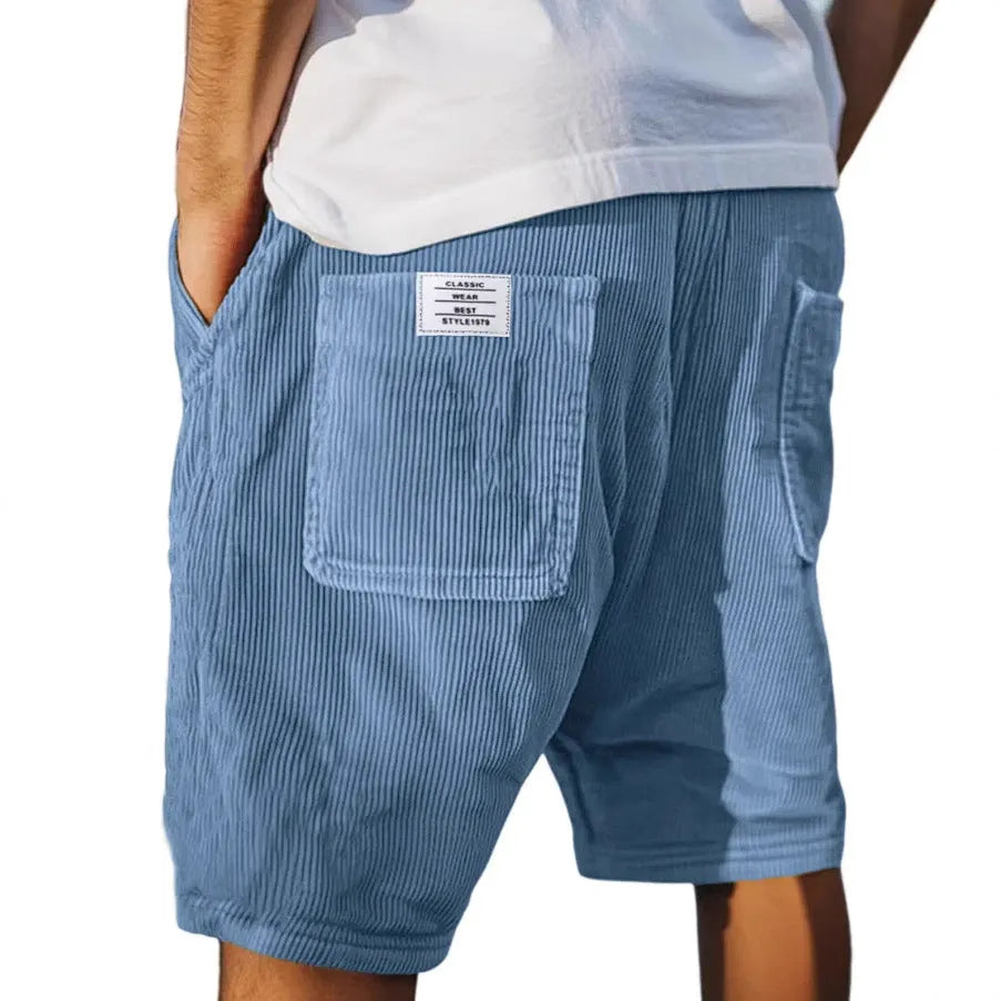 Men's straight-leg corduroy shorts with multi-pockets and embroidery detail in various colours