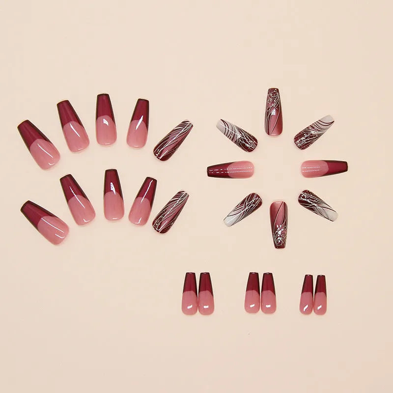 French line W1620 pattern fake nails set with 24 ABS plastic patches and glue
