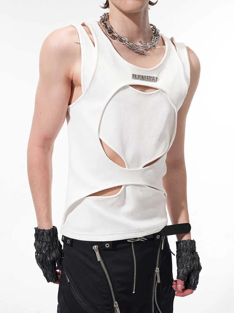 Men's black sleeveless pullover waistcoat with white hollow thread detailing and a round neck.