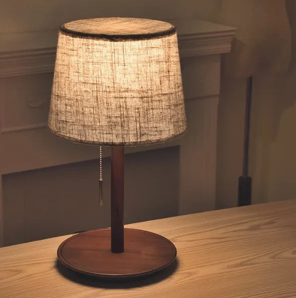 Walnut solid wood bedside lamp with cloth shade and cable switch