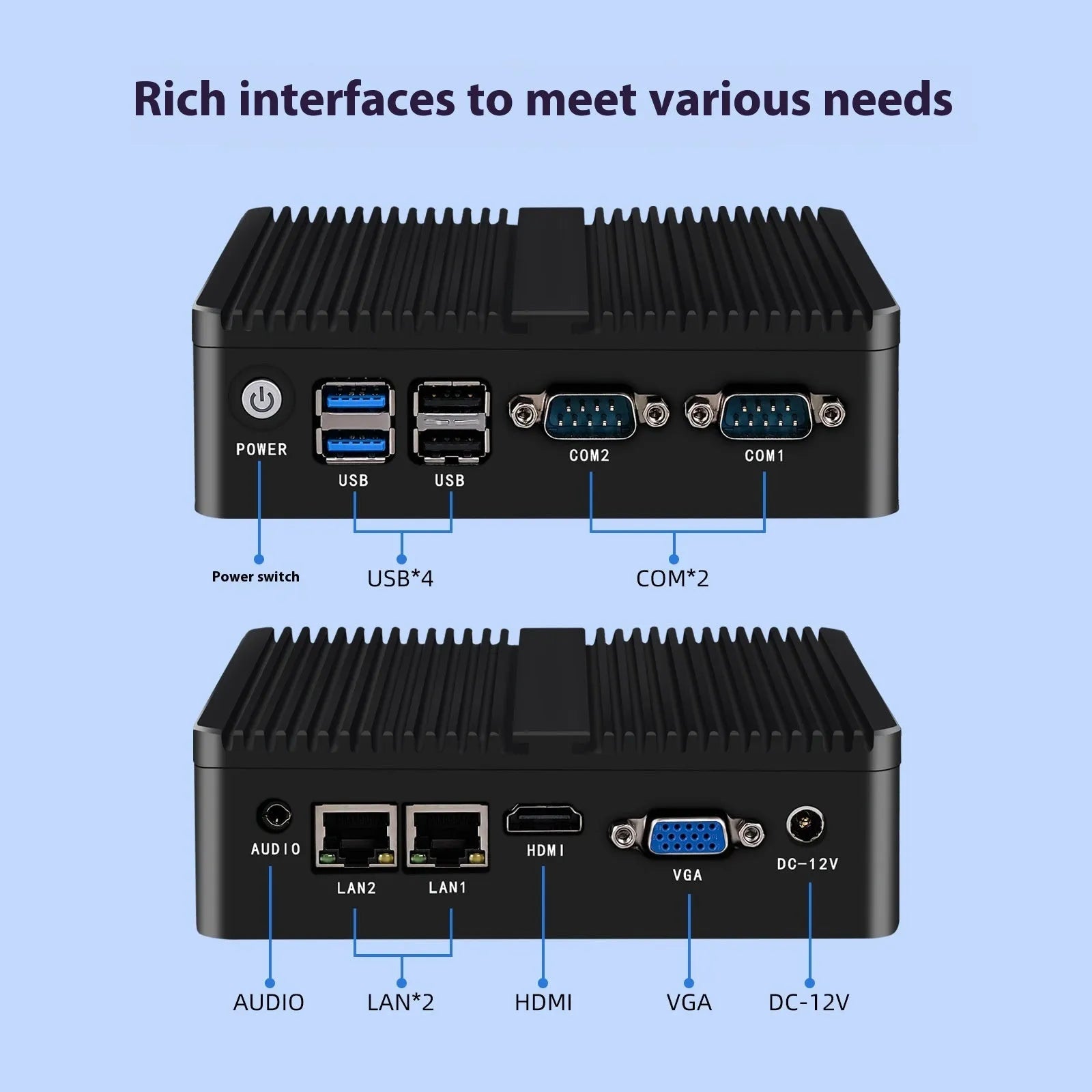 Compact fanless industrial control mini-host with metal chassis measuring 13.6x12.7x4cm