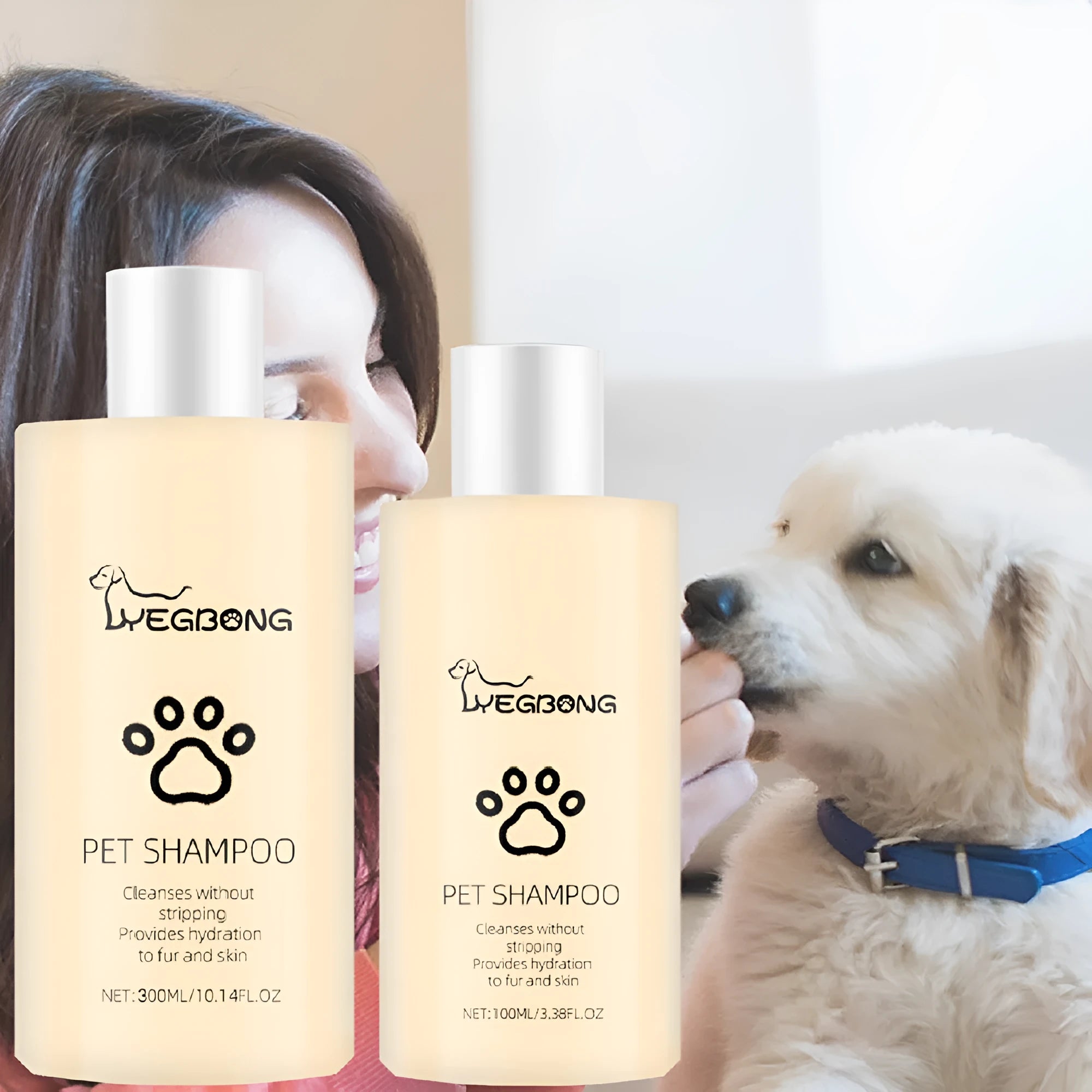 Mild dog shampoo bottle with pump dispenser in 100ml and 300ml sizes