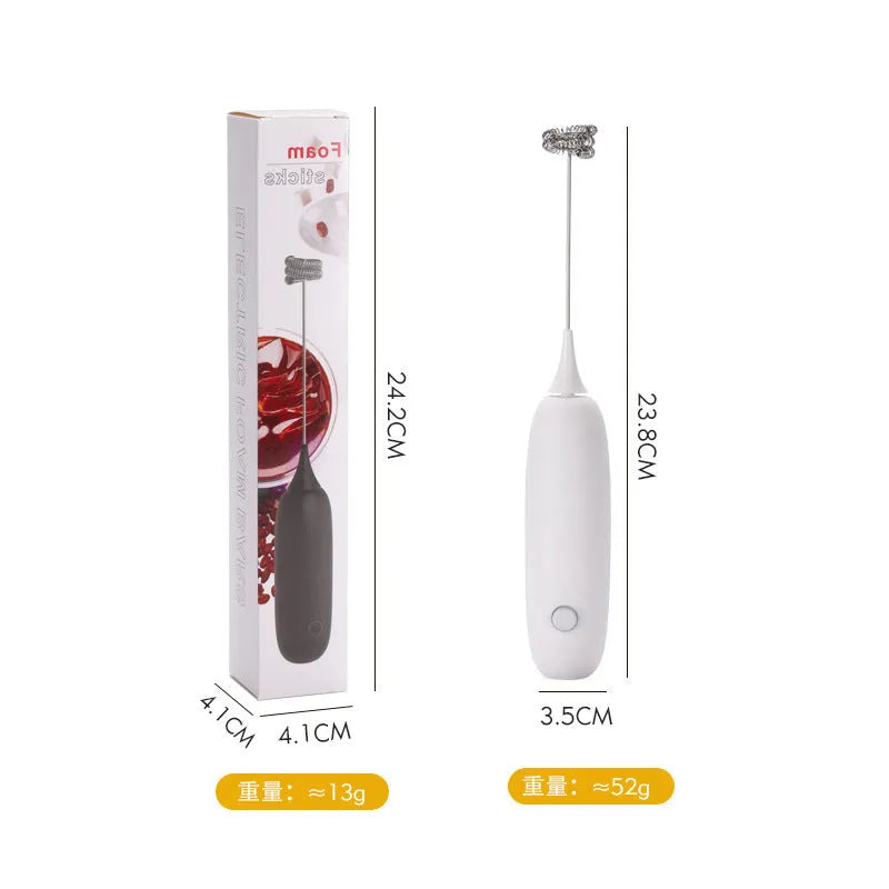 Handheld electric milk frother in black and white colours for making coffee and hot chocolate foam.