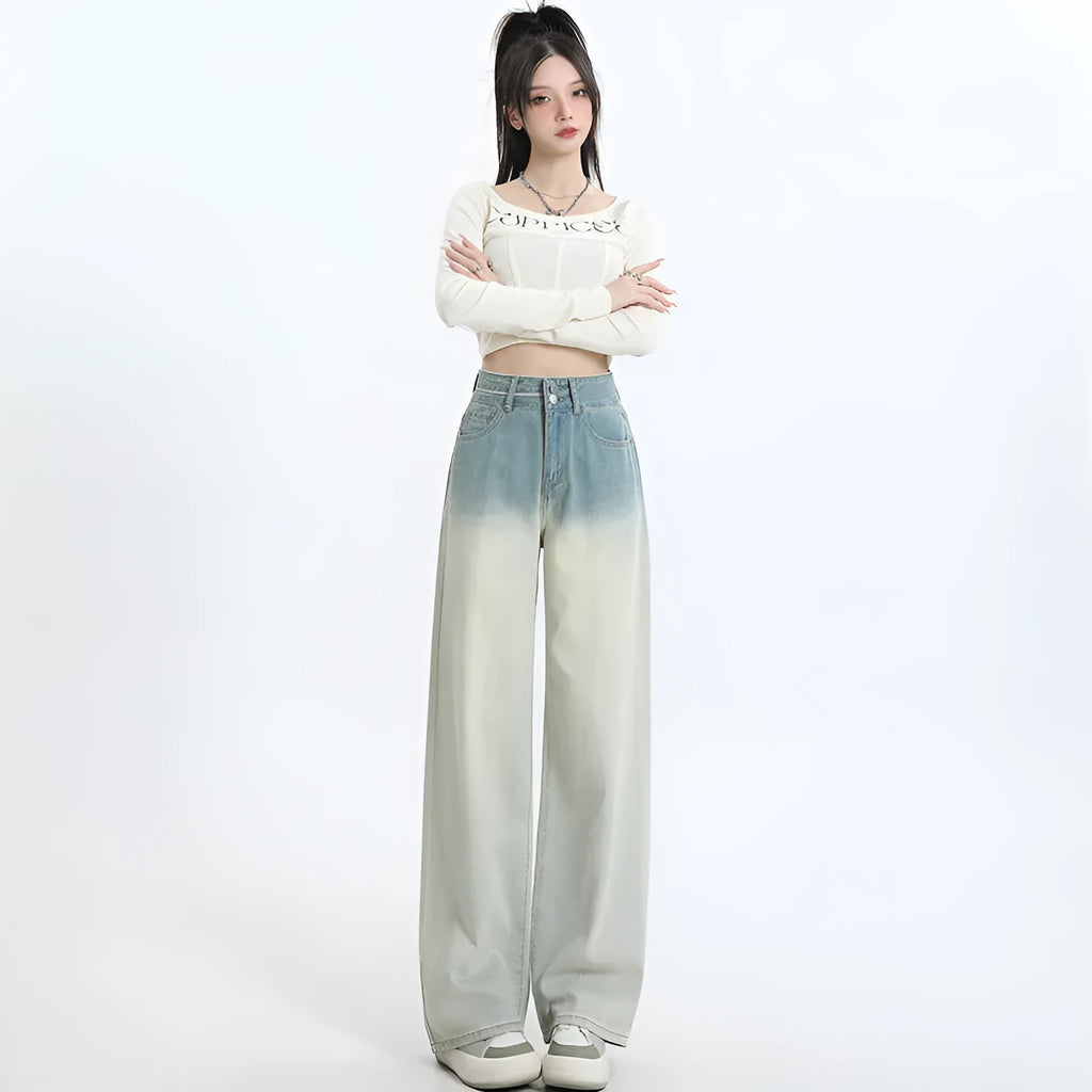 Women's straight-leg cotton denim trousers in a gradient blue colour with a wide leg fit.