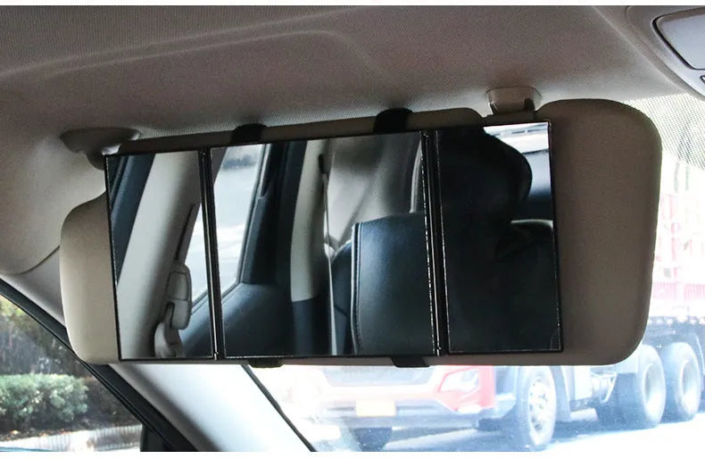 Silver folding car visor makeup mirror SD-2408 shown open and closed with ABS frame