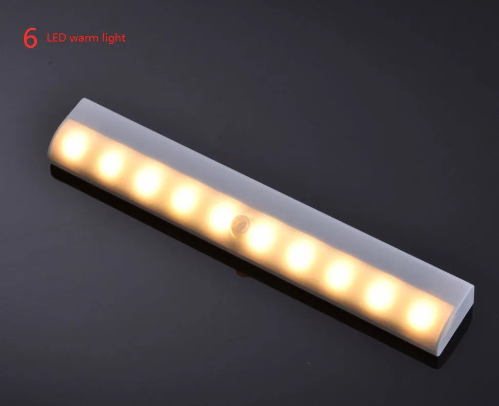 Silver aluminium LED closet light with magnetic back, shown illuminating a wardrobe interior.