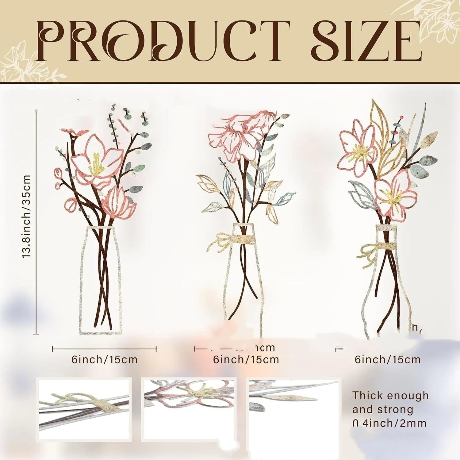 Set of three metal flower wall art pieces with colour vase designs, in a choice of four colour finishes.
