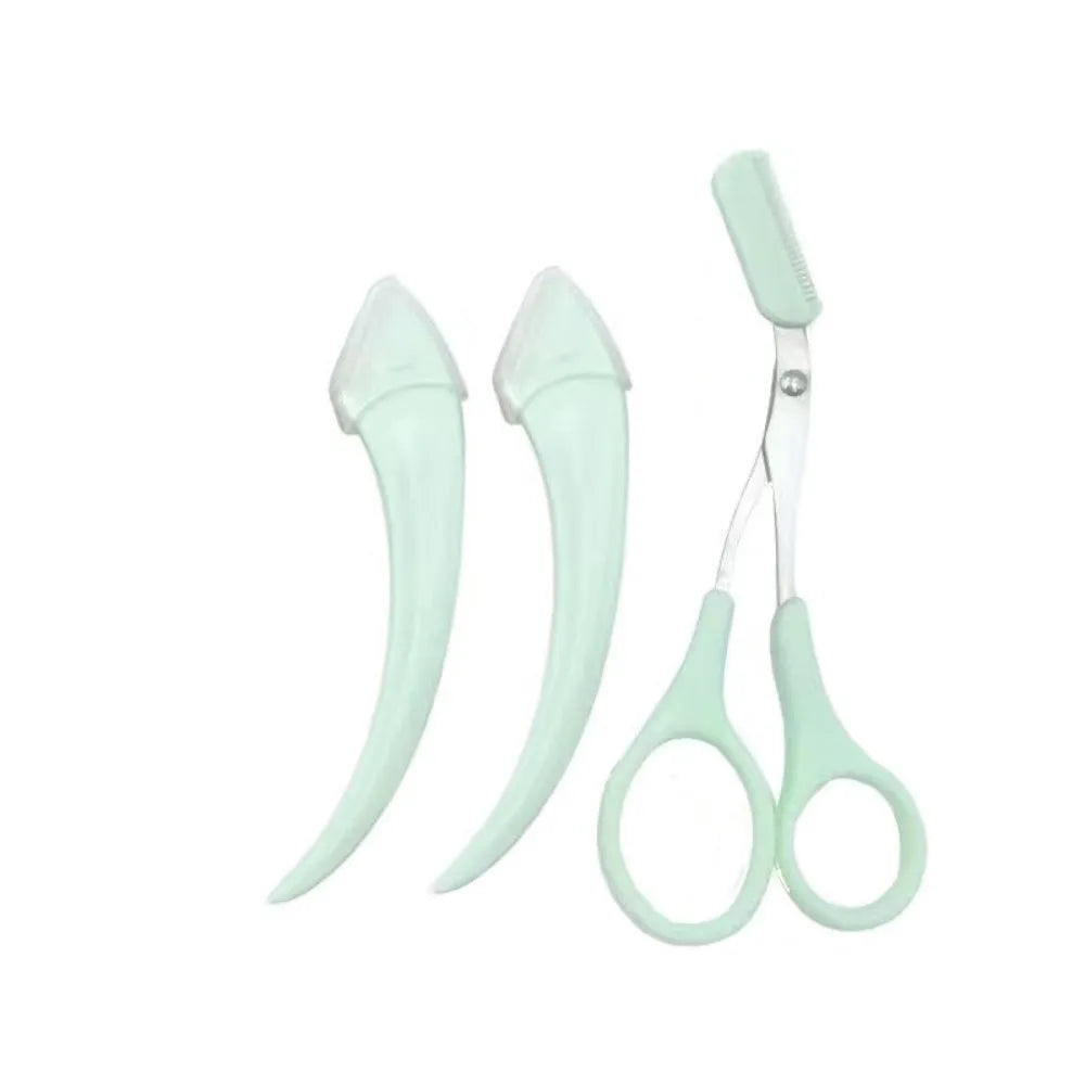 Curved moon-shaped eyebrow trimmer with a cutting comb on a white background.