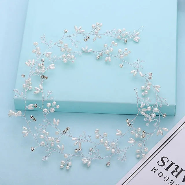 Bridal pearl hair band in silver, gold KC and rose gold colours with three length options