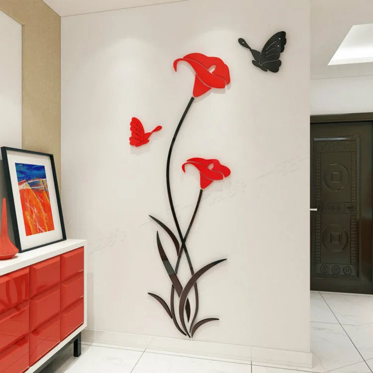 Lily 3D acrylic wall sticker in pink colour showing dimensional petals and leaves