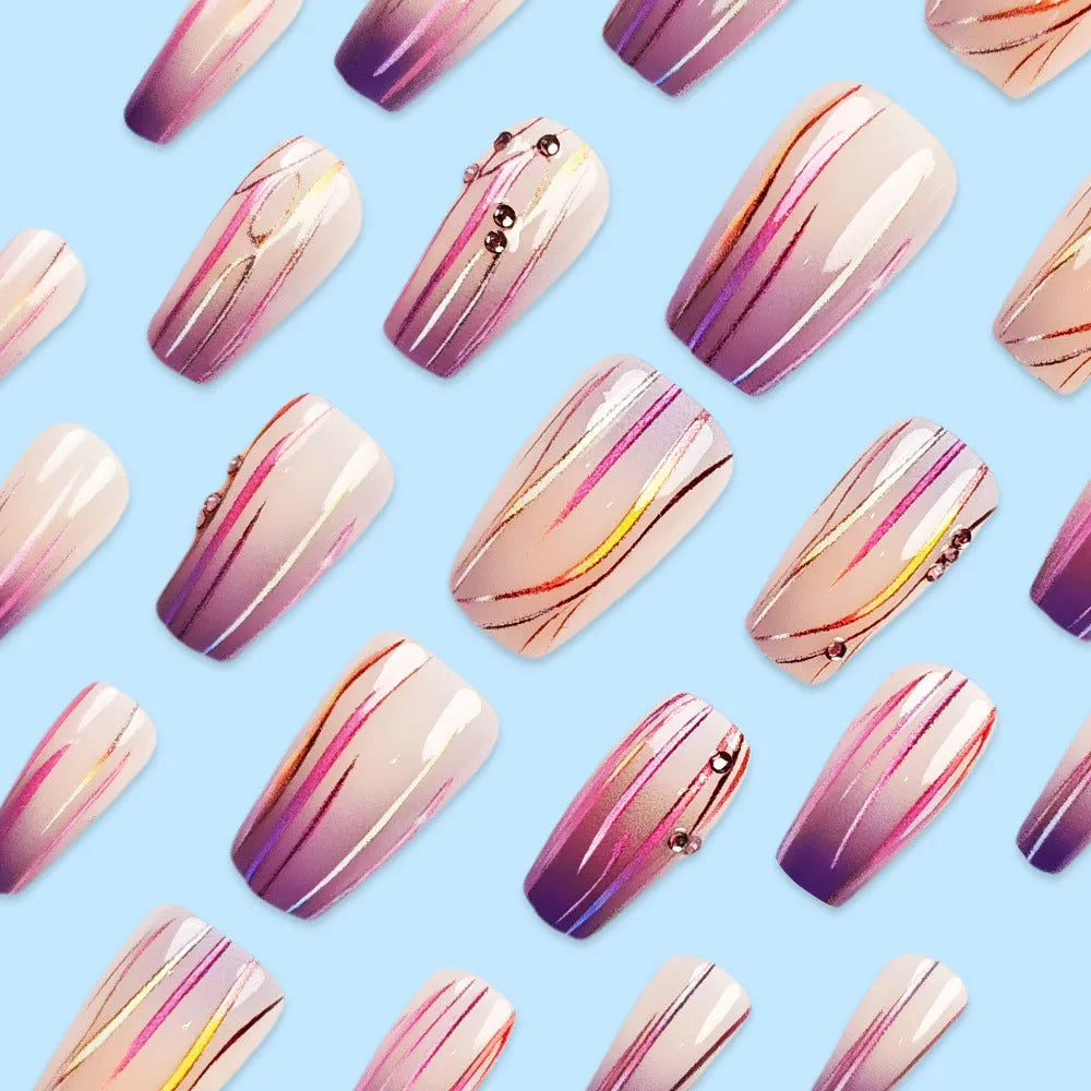 Magic purple gradient nail stickers with starry sky pattern, shown on short nails.