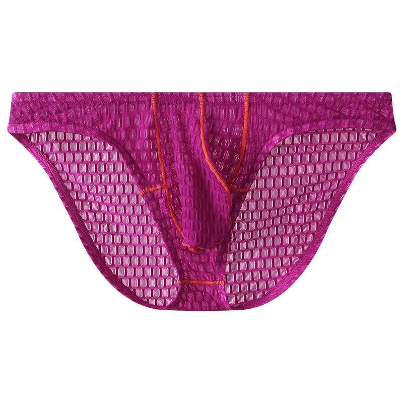 Men's low waist ice silk and lace briefs in rose red colour on a white background