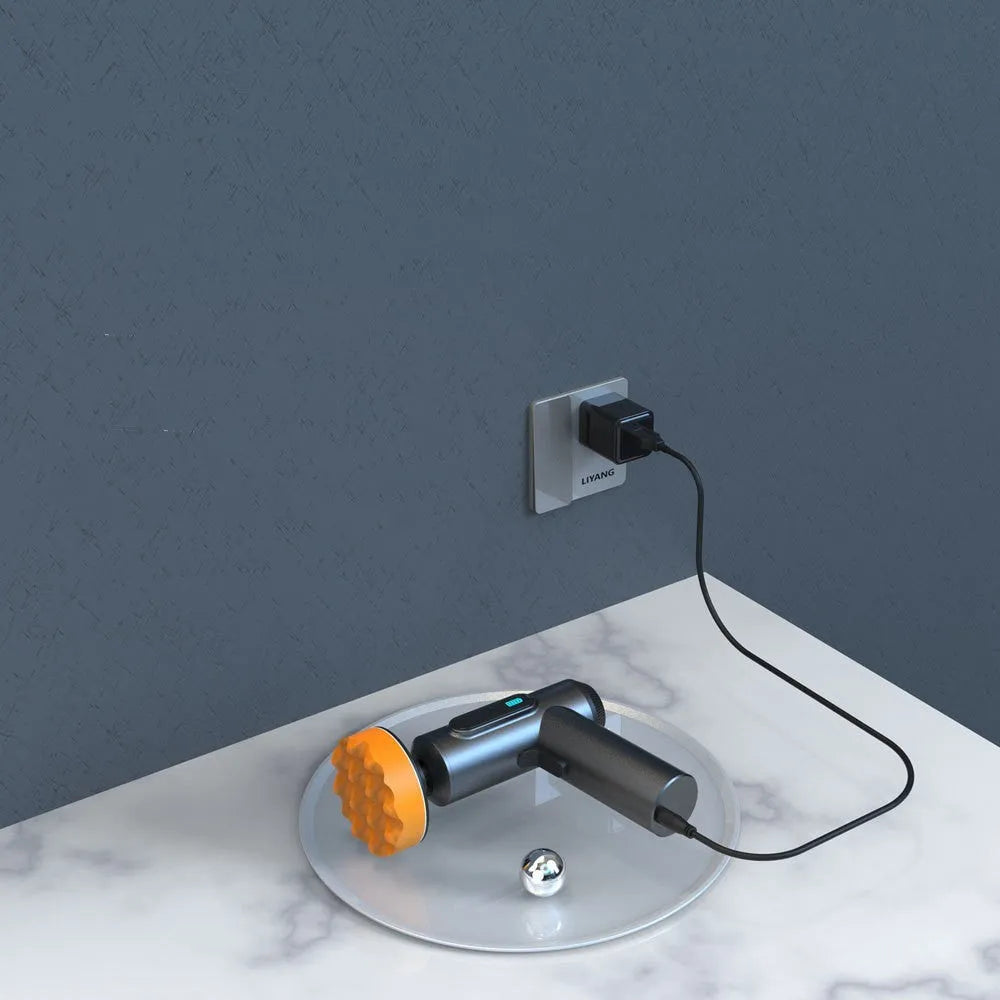 Cordless electric waxing and polishing machine with a white ABS housing and a circular polishing disc