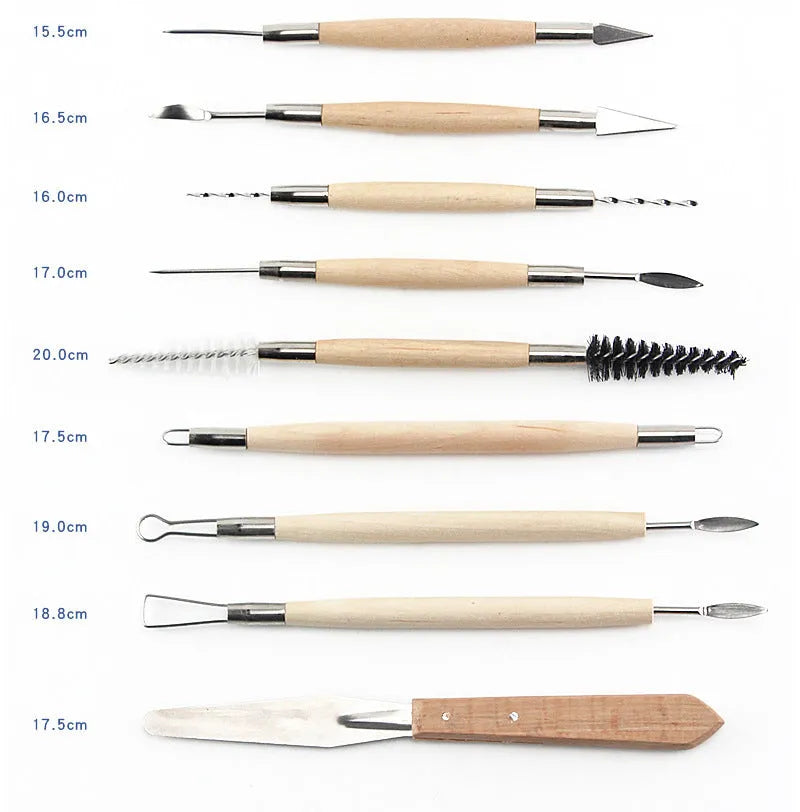 27-piece pottery clay tool set with stainless steel, wood, and plastic tools in roll-up storage bag
