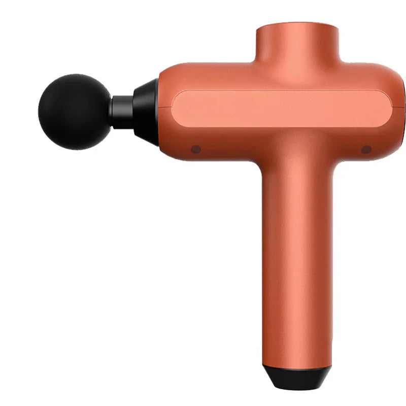 Black rechargeable electric muscle massager with six circular heads showing size and button control.